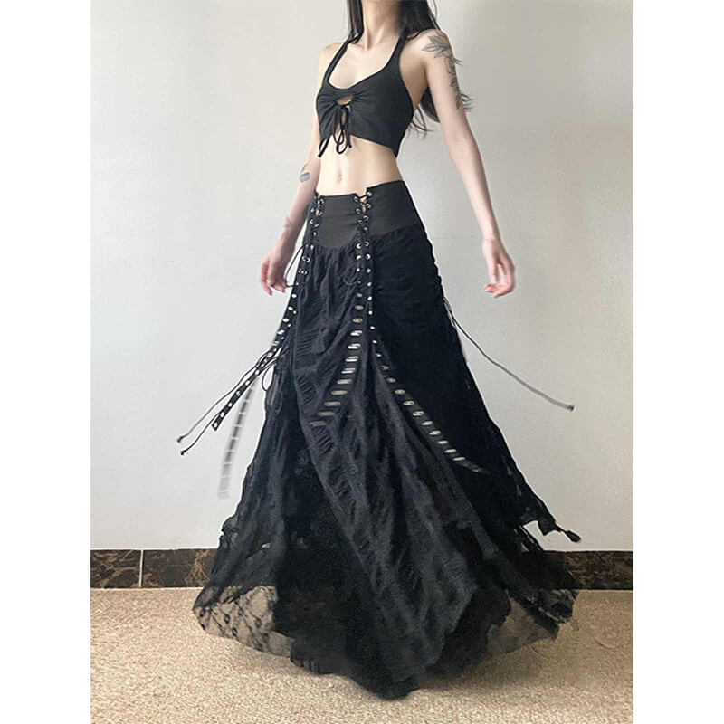 Y2K Grunge Eyelet Corset Waist Long Skirt - Image 2