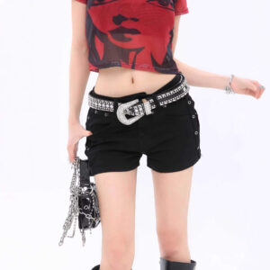 Eyelet Trim Low Waist Denim Shorts