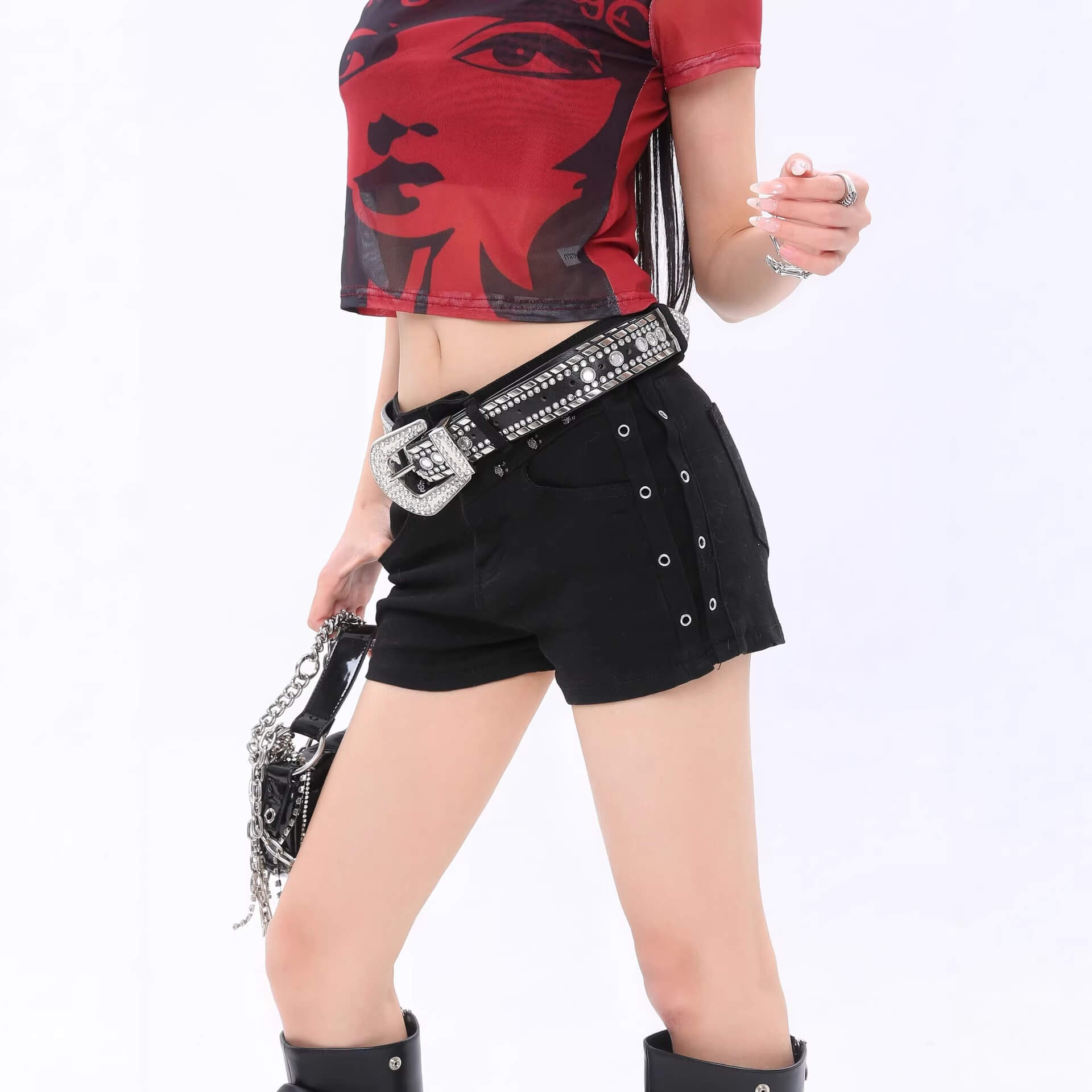 Eyelet Trim Low Waist Denim Shorts - Image 2