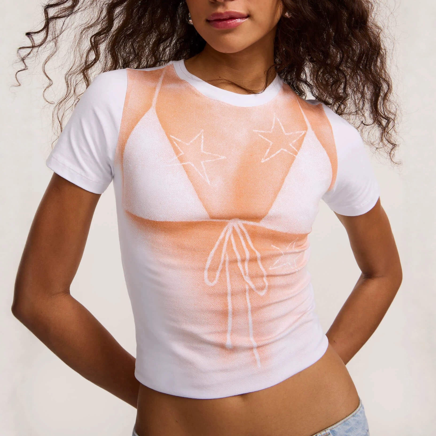 White Bikini Print Star Crop T-Shirt - Image 2