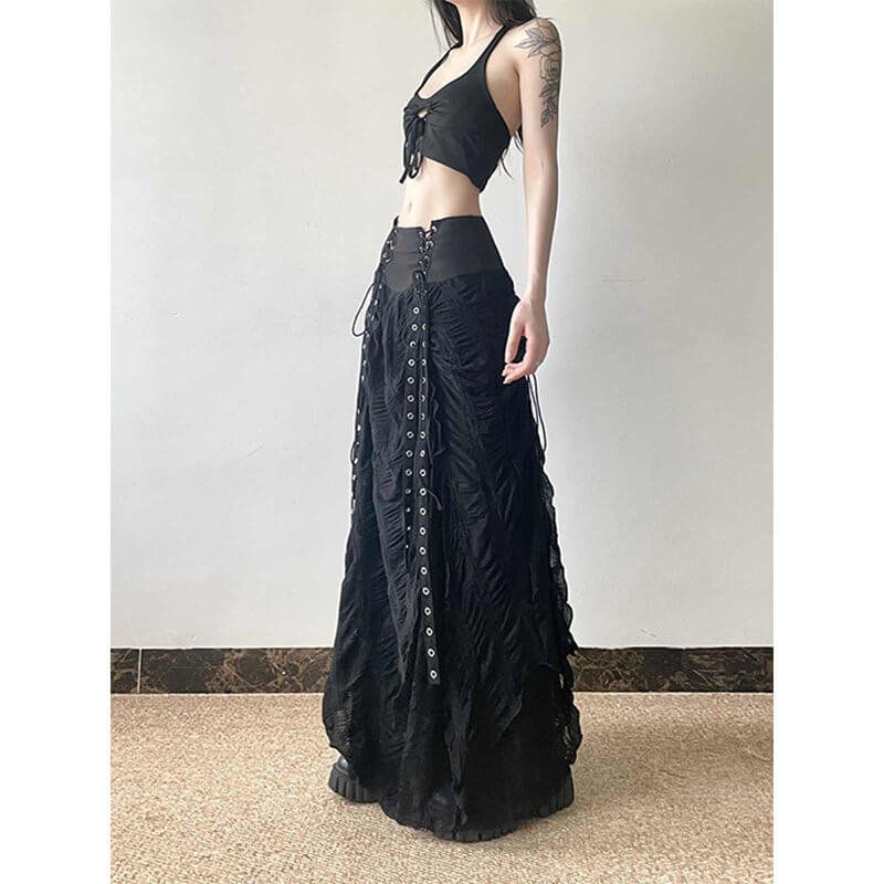 Y2K Grunge Eyelet Corset Waist Long Skirt - Image 3